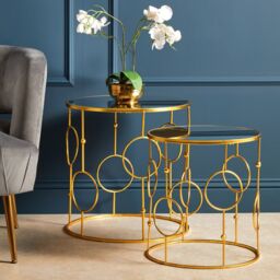 Orsina Set Of Two Gold Metal Tables, Accent Tables With Astronomical Circle Design, Small Side Tables For Lounge Room