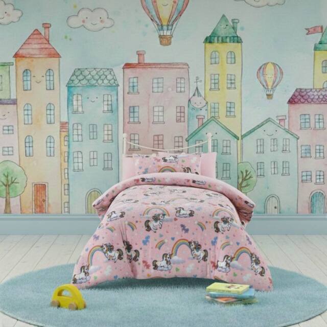 Snug City Unicorn Kids Teddy Duvet Cover Set Ultra Soft Bedding with Pillowcase in Pink - Size: Single - image 1