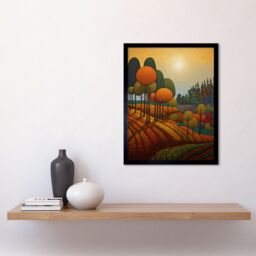 "Artery8 Wall Art Print Autumn Fields Pointillism Painting Amber Orange Green Countryside Landscape Art Framed - Size: W12"" x H16""" - thumbnail 2