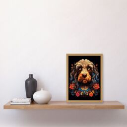 Artery8 Wall Art Print Cockapoo Dog with Ornate Collar & Flowers Symmetrical Floral Artwork Orange Pink Blue Tribal Design on Black Artwork Framed A4 - thumbnail 2
