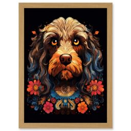 Artery8 Wall Art Print Cockapoo Dog with Ornate Collar & Flowers Symmetrical Floral Artwork Orange Pink Blue Tribal Design on Black Artwork Framed A4 - thumbnail 1