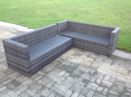 Fimous Outdoor Lounge Rattan Corner Sofa Set Garden Furniture Rectangular Dining Table Chair Dark Grey - thumbnail 3