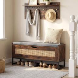 Costway Rattan Storage Chest Wicker Shoe Bench w/ Padded Seat & Flip-Top in Brown - thumbnail 2