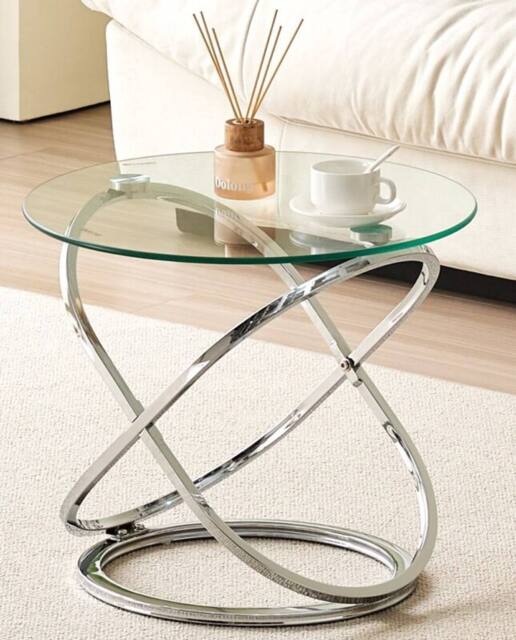Comfy Living Ltd Round Abstract Tempered Glass Side Table Chrome Effect Frame in Silver - Size: 1 Pack - image 1