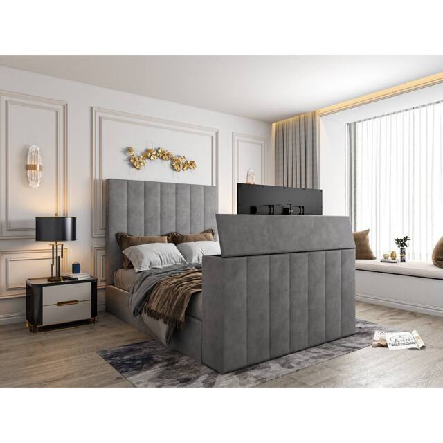 KDMD Vogue Upholstered Soft Velvet Line Grey Tv Bespoke Bed Frame - Size: Small Double - image 1