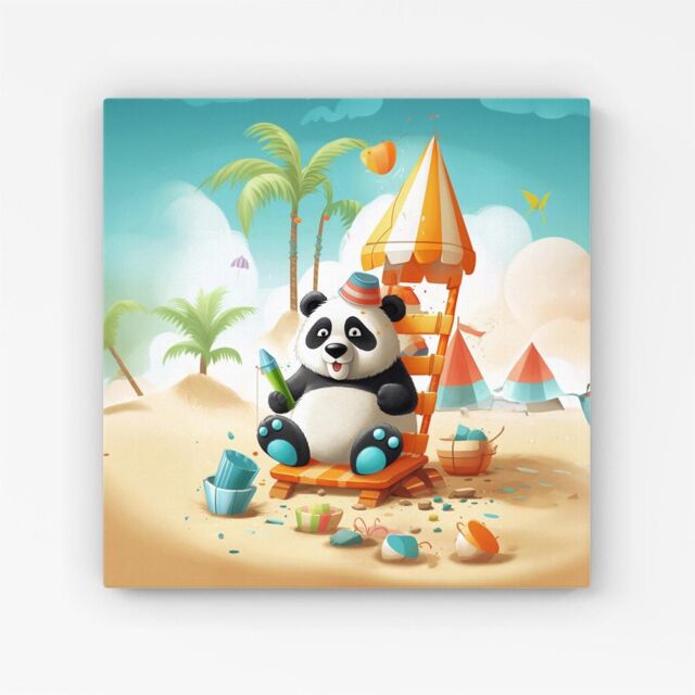 "Warren Reed - Designer Panda On A Beach Holiday Canvas in Yellow - Size: W16"" x H16""" - image 1