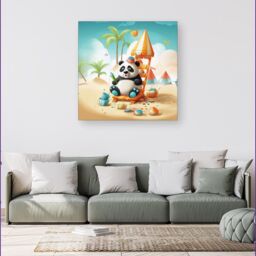 "Warren Reed - Designer Panda On A Beach Holiday Canvas in Yellow - Size: W16"" x H16""" - thumbnail 4
