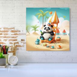 "Warren Reed - Designer Panda On A Beach Holiday Canvas in Yellow - Size: W16"" x H16""" - thumbnail 2