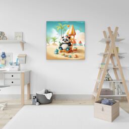"Warren Reed - Designer Panda On A Beach Holiday Canvas in Yellow - Size: W16"" x H16""" - thumbnail 3