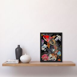 "Artery8 Colourful Koi Carp Tattoo Artwork Lotus Flowers Framed Art Print in Black - Size: W12"" x H16""" - thumbnail 4