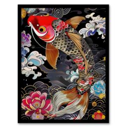 "Artery8 Colourful Koi Carp Tattoo Artwork Lotus Flowers Framed Art Print in Black - Size: W12"" x H16""" - thumbnail 1
