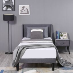 HomeTouch Soft Linen Upholstered 3FT Single Bed Frame with Winged Headboard & Wood Slat Grey - thumbnail 6