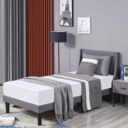 HomeTouch Soft Linen Upholstered 3FT Single Bed Frame with Winged Headboard & Wood Slat Grey