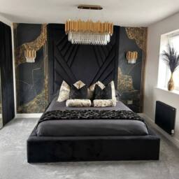 Stratus Interiors Coco Geometric Velvet Upholstered Bed - Slatted Base in Black - Size: King
