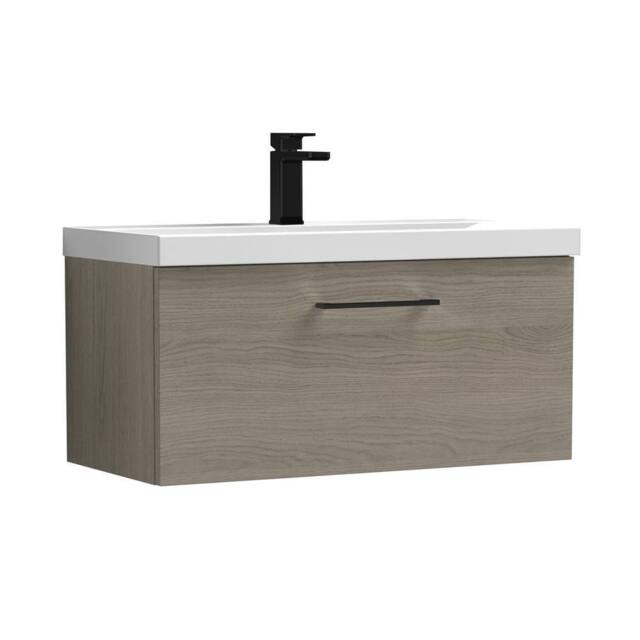 Balterley 800mm Wall Hung 1 Drawer Vanity Basin Unit, Mid Oak, Black Handle in Brown - image 1