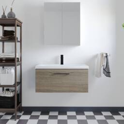 Balterley 800mm Wall Hung 1 Drawer Vanity Basin Unit, Mid Oak, Black Handle in Brown - thumbnail 2