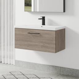 Balterley 800mm Wall Hung 1 Drawer Vanity Basin Unit, Mid Oak, Black Handle in Brown - thumbnail 4
