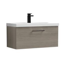 Balterley 800mm Wall Hung 1 Drawer Vanity Basin Unit, Mid Oak, Black Handle in Brown - thumbnail 1