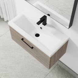 Balterley 800mm Wall Hung 1 Drawer Vanity Basin Unit, Mid Oak, Black Handle in Brown - thumbnail 3