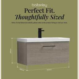 Balterley 800mm Wall Hung 1 Drawer Vanity Basin Unit, Mid Oak, Black Handle in Brown - thumbnail 5