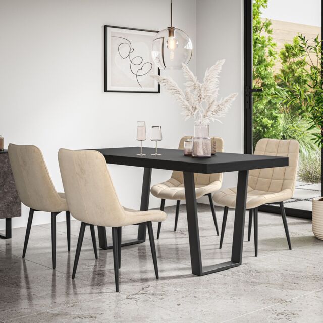 More4Homes Aria Dining Table & Chairs - Black Table Top w Black Legs + Nova Velvet Dining Chair Set Of 6 in Beige - image 1