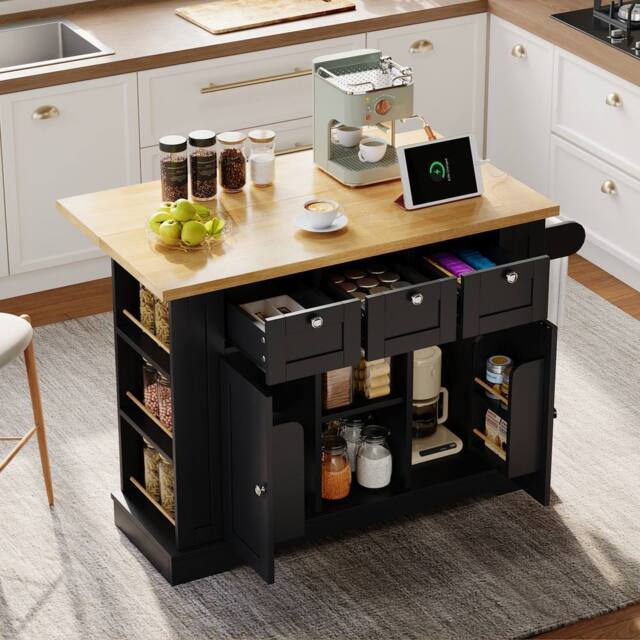 BTM Kitchen Island on Wheels with Dropleaf, Spice Rack & Charging Station in Black