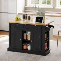 BTM Kitchen Island on Wheels with Dropleaf, Spice Rack & Charging Station in Black - thumbnail 5