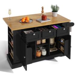 BTM Kitchen Island on Wheels with Dropleaf, Spice Rack & Charging Station in Black - thumbnail 9
