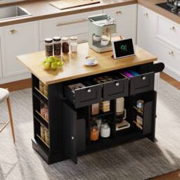 BTM Kitchen Island on Wheels with Dropleaf, Spice Rack & Charging Station in Black - thumbnail 1