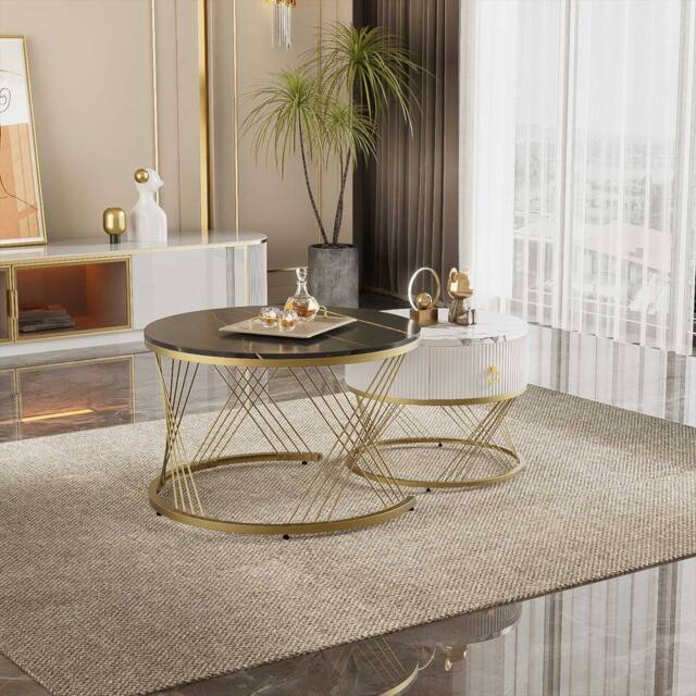 STILVORA Nesting Coffee Table Set with Drawer & Marble-Effect Top in Black - image 1