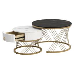 STILVORA Nesting Coffee Table Set with Drawer & Marble-Effect Top in Black - thumbnail 9