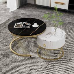 STILVORA Nesting Coffee Table Set with Drawer & Marble-Effect Top in Black - thumbnail 2
