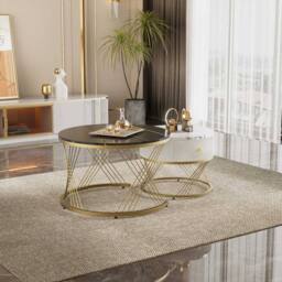 STILVORA Nesting Coffee Table Set with Drawer & Marble-Effect Top in Black - thumbnail 1