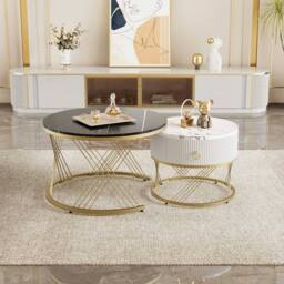 STILVORA Nesting Coffee Table Set with Drawer & Marble-Effect Top in Black - thumbnail 5