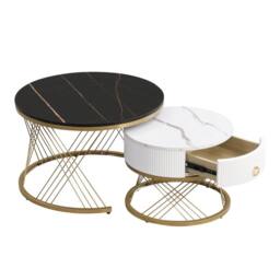 STILVORA Nesting Coffee Table Set with Drawer & Marble-Effect Top in Black - thumbnail 6