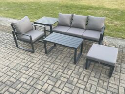 Fimous Aluminium 5 Pieces Garden Furniture Sofa Set with Cushions 5 Seater Outdoor Patio Set with Armchair Big Footstool Side Table Dark Grey - thumbnail 2