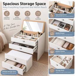 HOMEWEDO Dressing Table Set With Flip-Top Mirror, Stool, 4 Drawers & Organiser in White - Size: 1 Pack - thumbnail 6