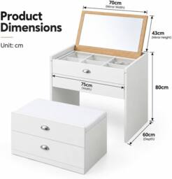 HOMEWEDO Dressing Table Set With Flip-Top Mirror, Stool, 4 Drawers & Organiser in White - Size: 1 Pack - thumbnail 5