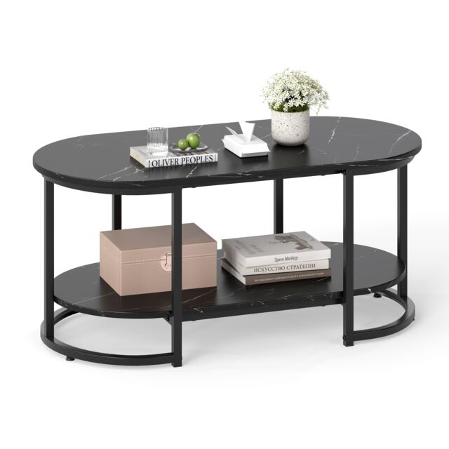 Gymax Marble Coffee Table Modern 2-Tier Center Table With Shelf in Black - image 1