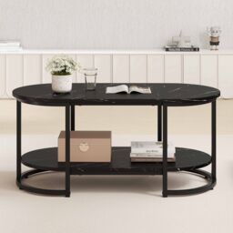 Gymax Marble Coffee Table Modern 2-Tier Center Table With Shelf in Black - thumbnail 5