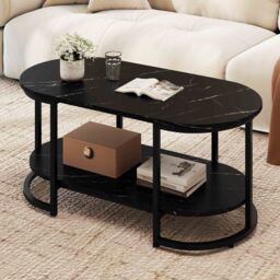 Gymax Marble Coffee Table Modern 2-Tier Center Table With Shelf in Black - thumbnail 4