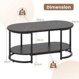 Gymax Marble Coffee Table Modern 2-Tier Center Table With Shelf in Black - thumbnail 2