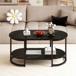 Gymax Marble Coffee Table Modern 2-Tier Center Table With Shelf in Black - thumbnail 6