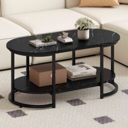 Gymax Marble Coffee Table Modern 2-Tier Center Table With Shelf in Black - thumbnail 3