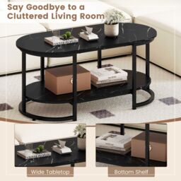 Gymax Marble Coffee Table Modern 2-Tier Center Table With Shelf in Black - thumbnail 8