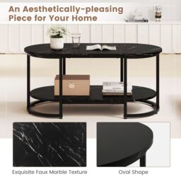 Gymax Marble Coffee Table Modern 2-Tier Center Table With Shelf in Black - thumbnail 9