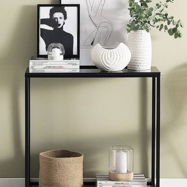Wyld and Coco Modern Console Table Black Tempered Glass Top Open Metal Base - image 1