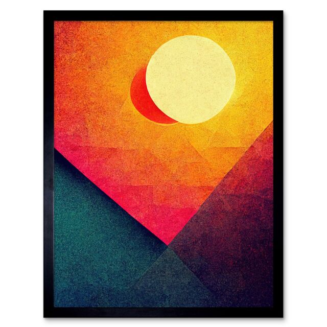 "Artery8 Wall Art Print Abstract Geometric Retro Eclipse Moon Sun Yellow Pink Teal Colourful Sunset Art Framed in Black - Size: W12"" x H16""" - image 1