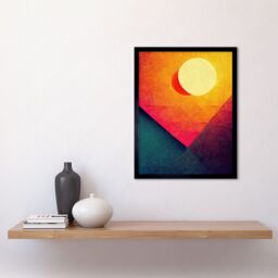 "Artery8 Wall Art Print Abstract Geometric Retro Eclipse Moon Sun Yellow Pink Teal Colourful Sunset Art Framed in Black - Size: W12"" x H16""" - thumbnail 2