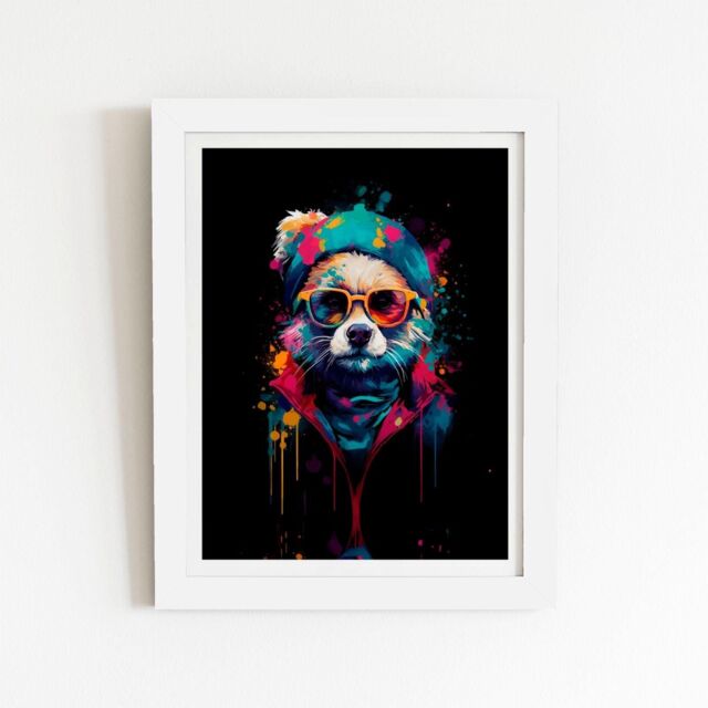 "Warren Reed - Designer Multi Coloured Splashart Dog With Glasses Framed Art Print in White - Size: W24"" x H36""" - image 1